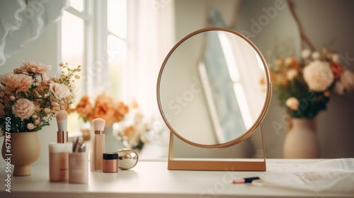 Stylish round mirror on dressing table with cosmetic, woman with makeup tools