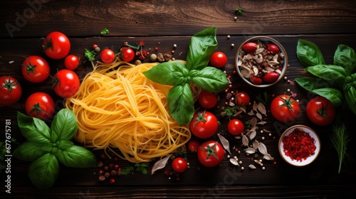 Variety of fresh pasta with vegetables, herbs, olive oil, red cherry tomatoes, dark wooden background