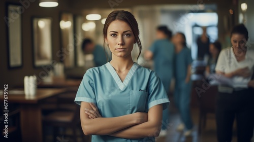 young attractive nurse with crossed arms with colleagues standing,Health concept