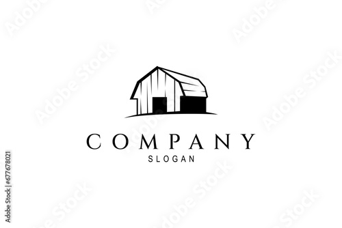 Farm barn logo in traditional rustic wooden house design style, flat vector