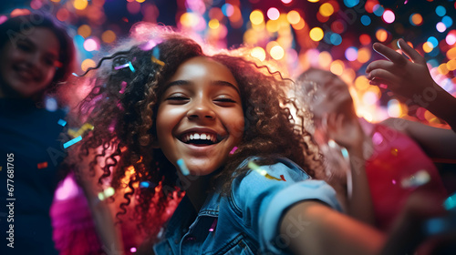 Happy young womans having fun at disco club, portrait of smiling girls, celebrating new year or just fun, generative ai