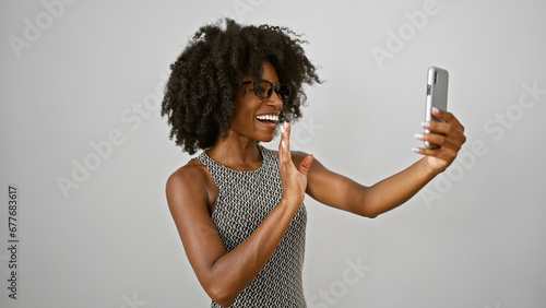 African american woman business worker having video call over isolated white background