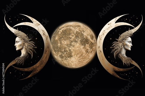 Triple Goddess Symbol. Waxing-Full-Waning Moon. Hecate. Witchcraft. Paganism