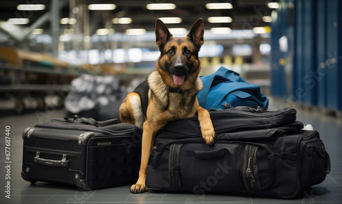 un chien policier anti drogues allongé sur des sacs de voyage dans un aéroport