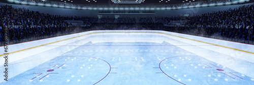 Aerial view. 3D model of empty ice rink, hockey arena before game. Stands with crowd and happy fans. 3D render illustration background. Concept of sport.