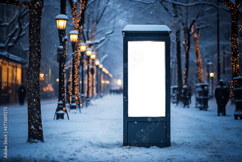 Mock up of a blank signboard on the street in winter.