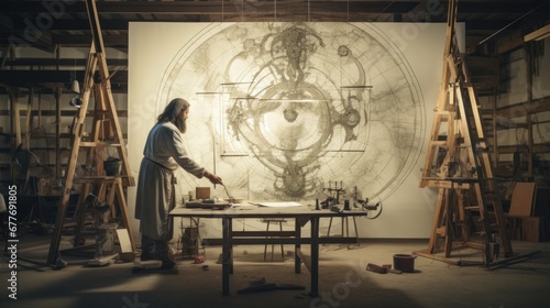 Title Documentary Shot of Leonardo Da Vinci Working on His Famous Piece of the Vitruvian Man in His Workshop. A Historical Moment Depicting Talent and Brilliance at Its Peak. Generative AI
