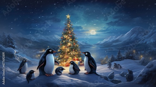 A family of penguins waddle around a Christmas tree, their flippers knocking against shiny ornaments, spreading cheer.