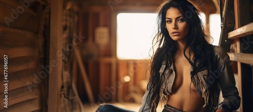 A Sexy Beautiful Badass Latina Cowgirl wearing Lingerwear - Amazing Cowgirl Background - Clothes are in the Raw, Tough and Grunge Style - Latina Cowgirl Wallpaper created with Generative AI Technology