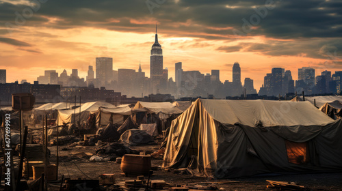 refugee camp shelter for homeless in front of New York City Skyline
