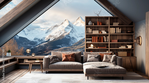 Sofa against gray wall with rustic shelves. Scandinavian home interior design of modern living room in the attic of a mountain villa in the Alps.