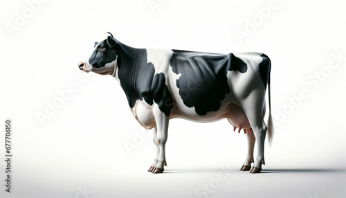 Black and white cow on a white background. Side view