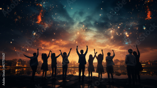 Back view of some happy young people with their arms raised to the sky to celebrate fireworks with a night city skyline and blue and orange clouds in background