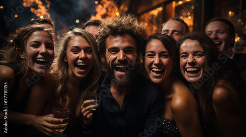 Close-up on five people faces in extreme euphoria inside a street crowd to celebrate a very happy event with night street lights in background