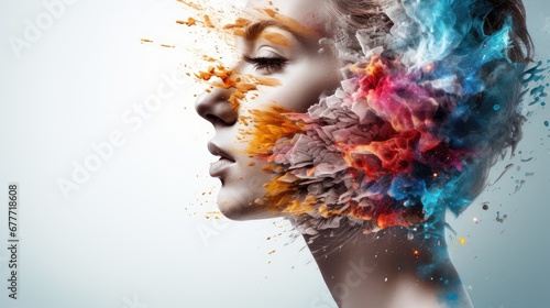  a woman's face with colorful paint splattered on her face and the image of a woman's face is shown in the center of the image. generative ai