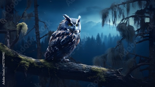 Owl perched under moonlight, night shot capturing an owl with a moonlit forest backdrop, bringing out the mysterious allure of nocturnal forest life.