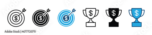Financial goal icon set. Finance business, financial business targets goal. Targeting board and trophy with dollar sign symbol. Vector illustration 