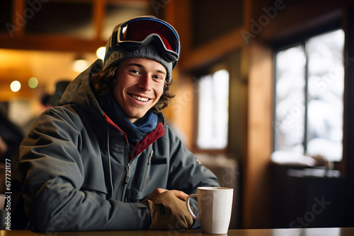 Snowboarder's enjoying a hot Cocoa. A young snowboarder wearing winter clothes in a Mountain Lodge