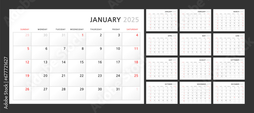 Wall quarterly calendar template for 2025 in a classic minimalist style. Week starts on Sunday. Set of 12 months. Corporate Planner Template. A4 format horizontal