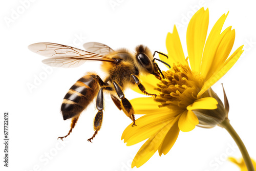 A flying honey bee flying to a yellow flower on a white or transparent background cutout. Bee on a flower. Macro side close-up view. macro. bee yellow flower png.