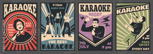 Karaoke club cards. Retro design, invitation promo poster, talents singers bar, vocal music party, guys and girls with microphones, vintage cartoon flat style isolated tidy vector set