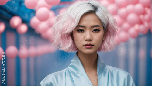 Ritratto di una giovane ragazza asiatica, giapponese, cinese, coreana con capelli bianchi su uno sfondo futuristico rosa e azzurro