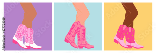 Girl in cowboy boots poster in pop art, western style, vector illustration.