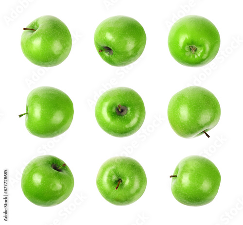 Set of green ripe apples. Granny smith apples. Isolated on transparent background. Top view. Png.