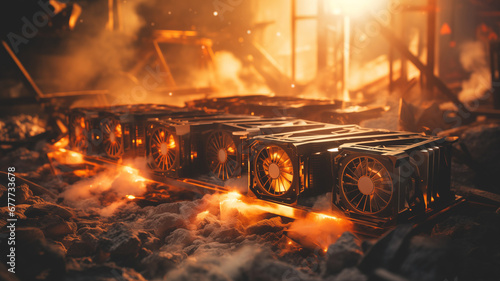 Burning Bitcoin farm in room. Mining cryptocurrency burn and data center supercomputer technology in fire.