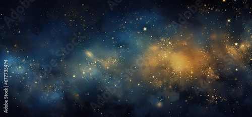  a space filled with lots of stars next to a blue sky with yellow and black clouds and stars in the sky.