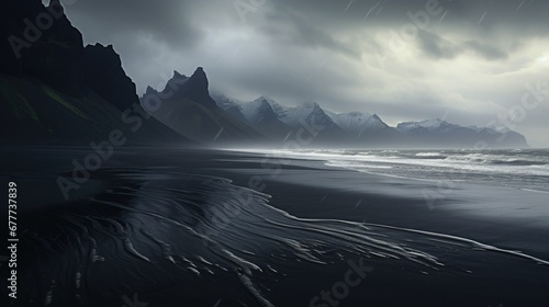 Black Sand Beaches with Mountain View Landscape Photography