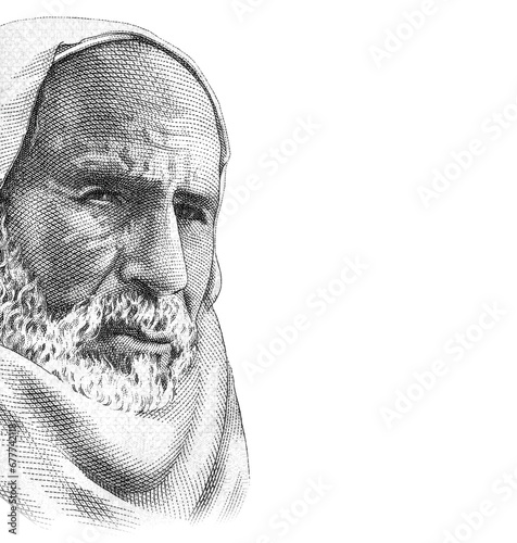 Sheikh Omar al-Mukhtar (about ca. 1860-1931), national hero of Libya. Portrait from Libya 10 Dinar Banknotes