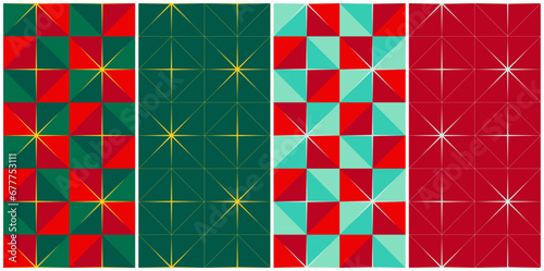 Christmas and New Year seamless checkerboard patterns set. Geometric style - fresh groovy checkerboard pattern and classic solid color design with fine lines.