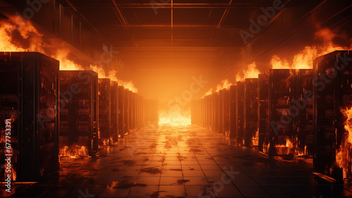 Burning server room. Data center supercomputer technology in fire