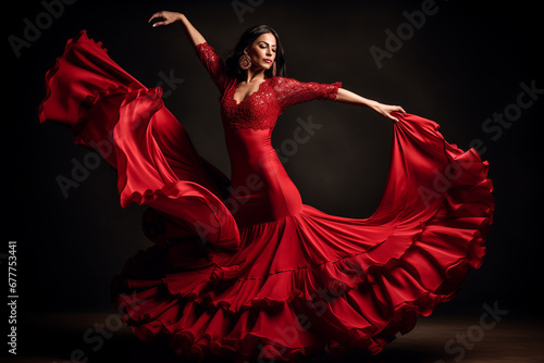 Young woman dancing flamenco on dark background in studio
