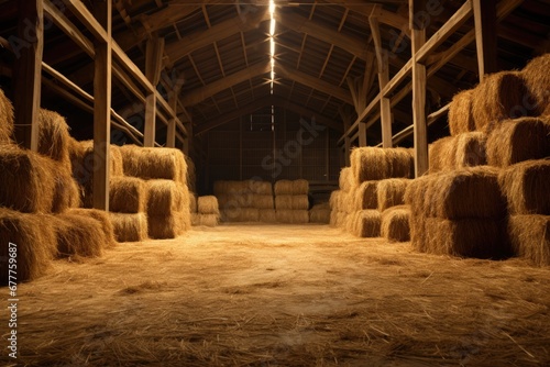 A barn filled with lots of hay and bales. Perfect for agricultural or farm-related projects.