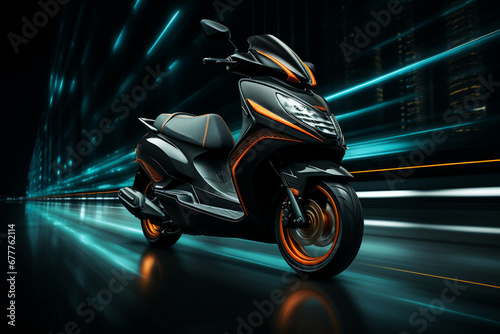 scooter in motion, creating an abstract photo that highlights the sleek lines and innovative design elements, turning the act of riding into a visual work of art.
