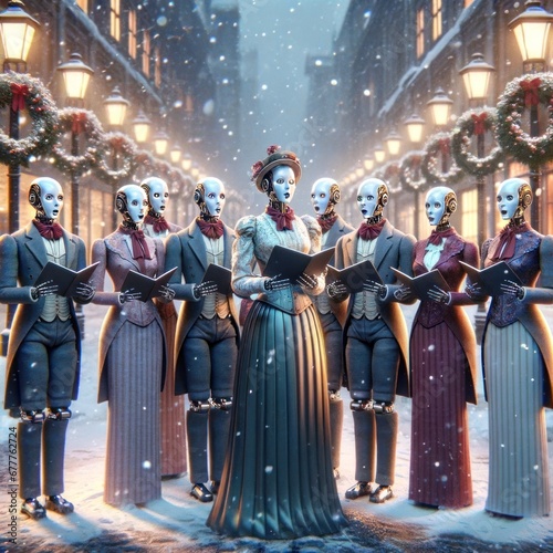 humanoid robots dressed in Victorian-era attire, singing Christmas carols on a snowy street.