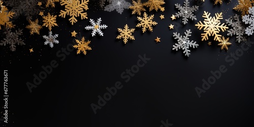 Top view of golden snowflake, stars and Christmas ball on black background. Generative AI