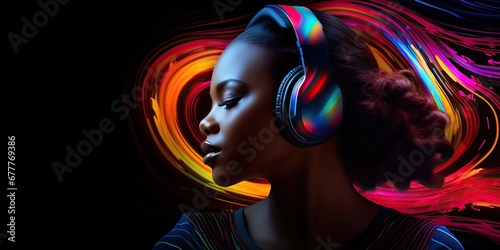 African woman wearing headphones, enjoying music beats, feeling emotions in vibrant color pulse, colorful dynamic sound vibes, abstract digital light effects on black background