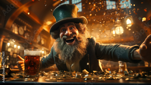 3D card with a cheerful Leprechaun with a mug of beer and gold coins on the bar counter, invitation to a St. Patrick's Day party