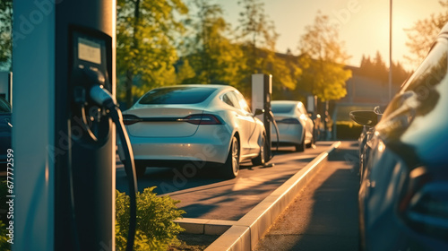 A bank of electric car chargers, Charging of an electric car .