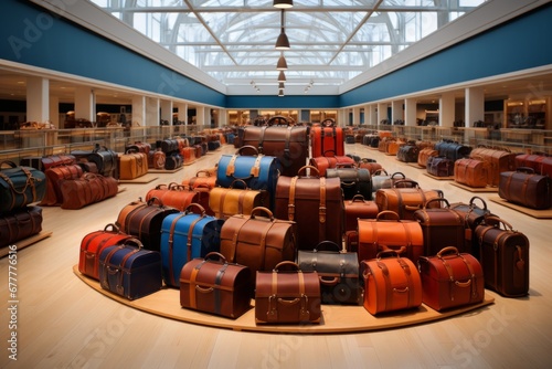 Showroom in huge and luxurious store for lovers of stylish luggage and bags, winter sales, travel