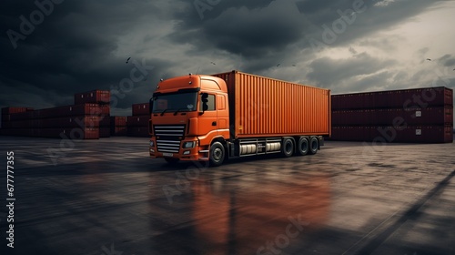 Orange container truck for export and import