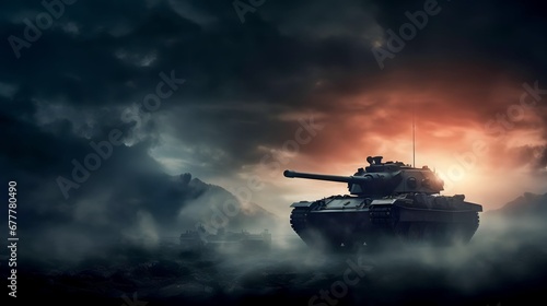 tanks fighting at sunset