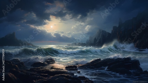 A coastal scene with rugged cliffs overlooking a turbulent ocean, with waves crashing against the shore under a stormy sky.