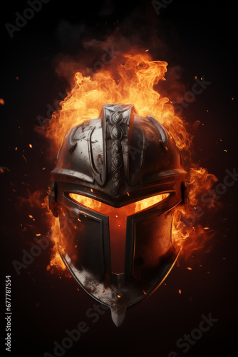 Smoldering Defender - Helmet Surrounded by Embers and Flames - Engulfed in fire - black background