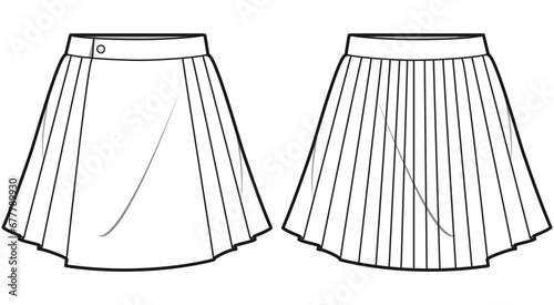Button wrap kilt Skirt flat sketch fashion illustration drawing with front and back view, Pleated Mini skirt design cad vector template
