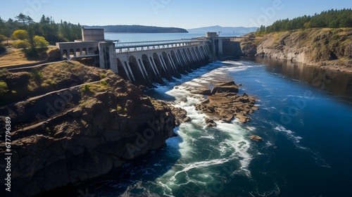 a hydroelectric power plant, representing a renewable energy source. The facility harnesses the power of flowing water to generate electricity, showcasing the harmonious blend of technology and nature