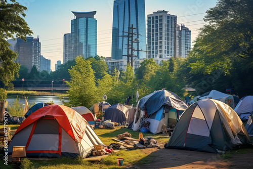 Homeless tent camp and garbage in a city park against modern skyscrapers backdrop